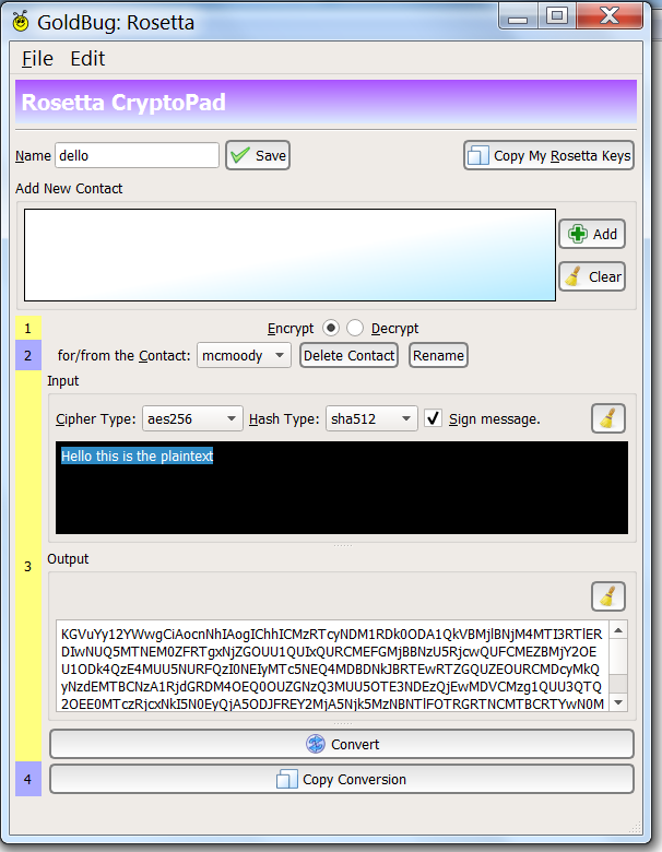 Abbildung: Verschlüsselung vom Text mit dem Rosetta Crypto Pad