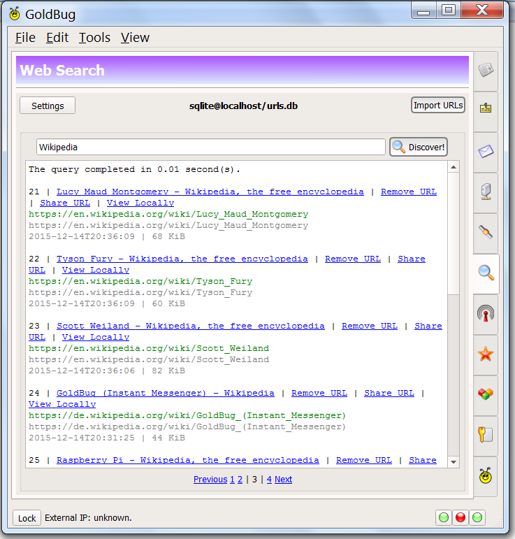 Abbildung: Websuche mit GoldBug in der URL-Datenbank